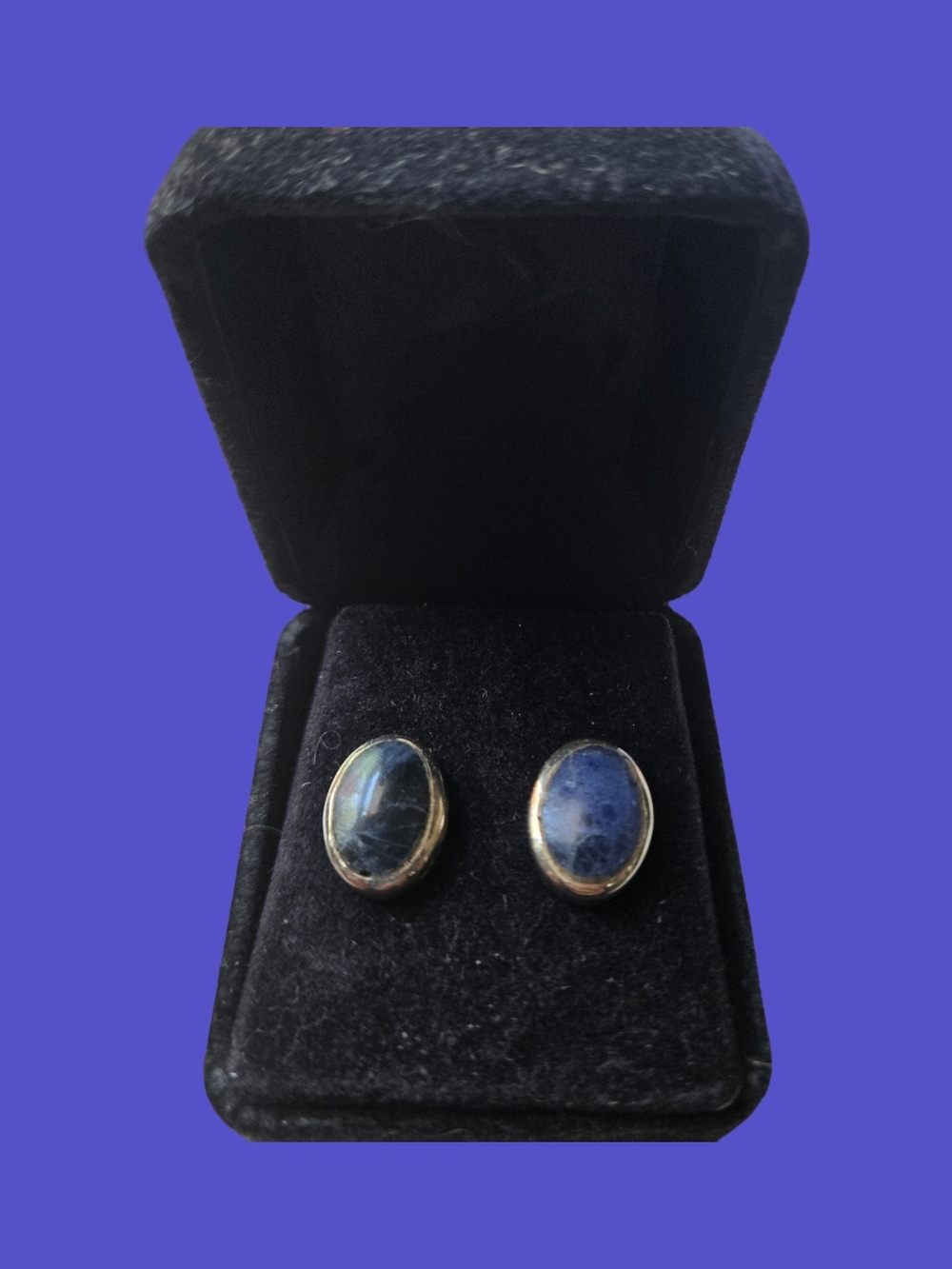 Silver-Trim Blue Oval Stone Stud Earrings